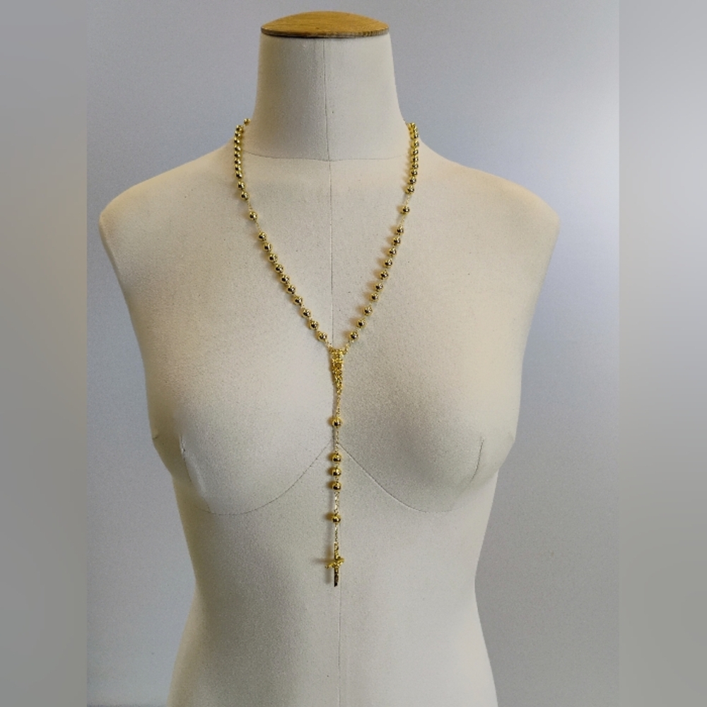 Gold Beaded Rosary Necklace